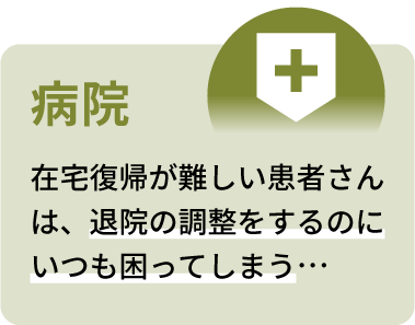 病院：在宅復帰が難しい患者さんは、退院調整をするのにいつも困ってしまう…