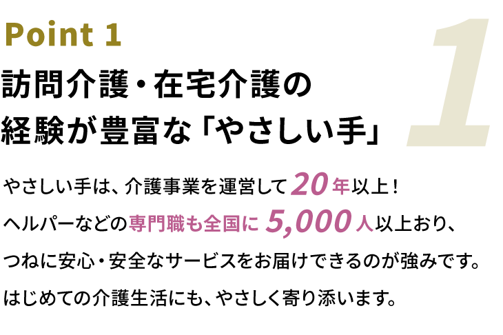 Point1 訪問介護・在宅介護の経験が豊富な「やさしい手」。やさしい手は、介護事業を運営して20年以上！ヘルパーなどの専門職も全国に5,000人以上おり、つねに安心・安全なサービスをお届けできるのが強みです。はじめての介護生活にも、やさしく寄り添います。